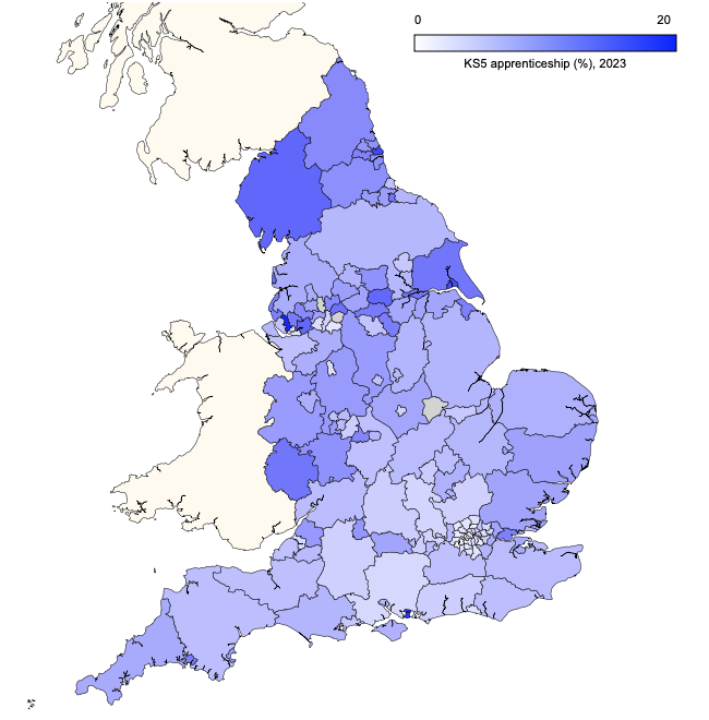 Local authority map of England showing the proportions of 16-year-olds entering apprenticeships in 2023