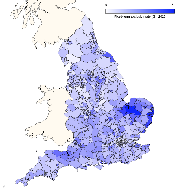 Parliamentary constituency map showing temporary exclusion rates in primary schools