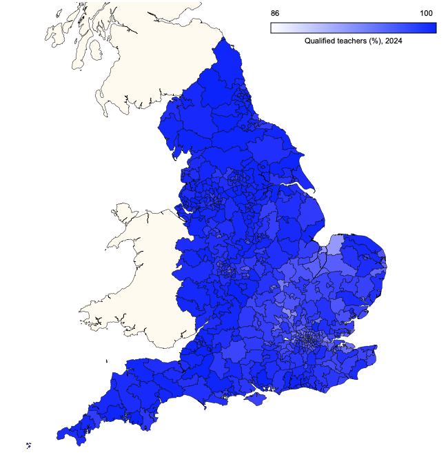 Parliamentary constituency map showing proportions of qualified teachers in primary schools