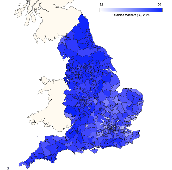 Parliamentary constituency map showing proportions of qualified teachers in secondary schools