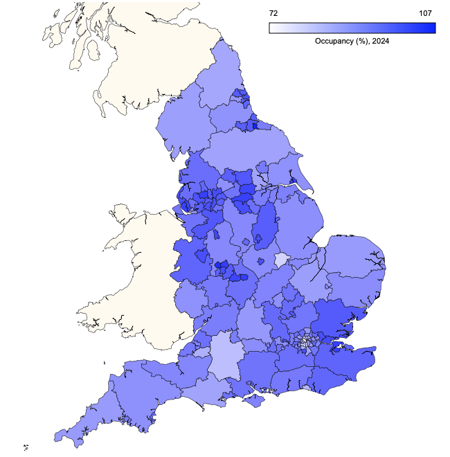 Local authority map showing average occupancy rates for primary schools in England