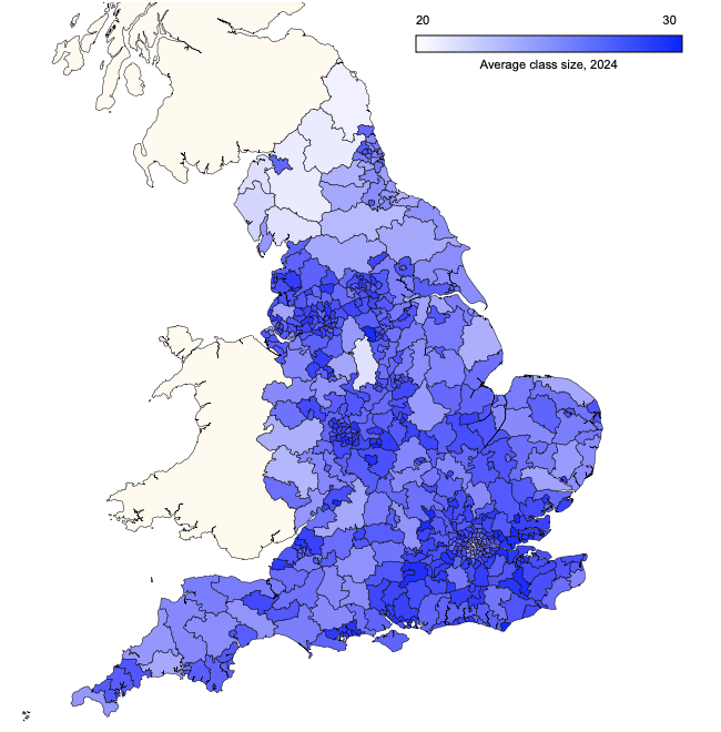 Local authority map showing average class size for primary schools in England