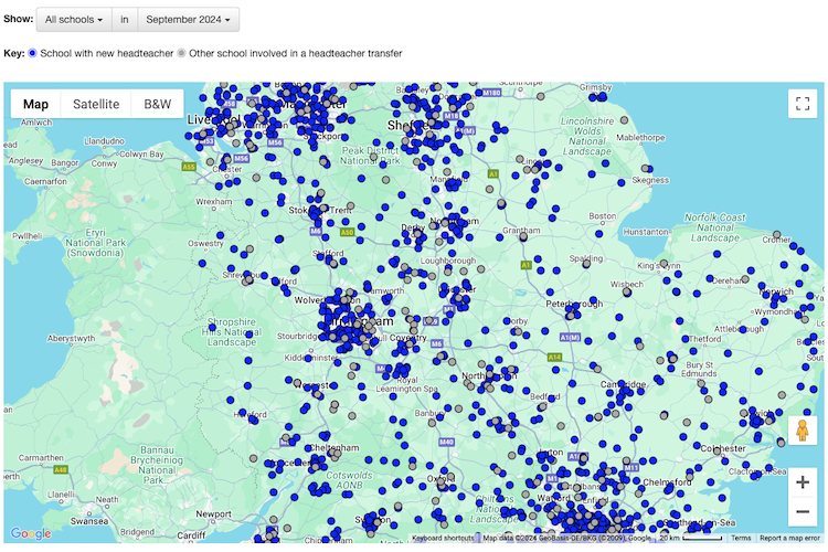 Map showing schools in England with new headteachers in September 2024