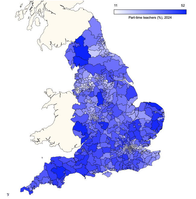 Parliamentary constituency map showing proportions of part-time teachers at primary schools in England in 2024