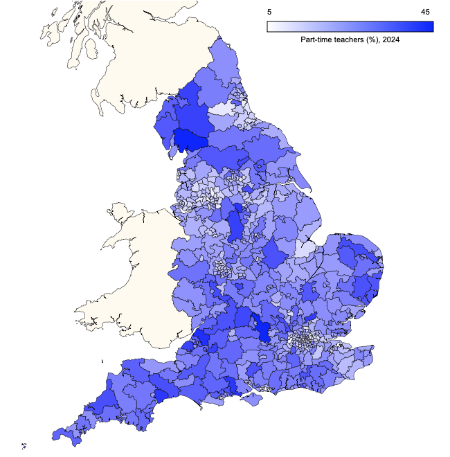 Parliamentary constituency map showing proportions of part-time teachers at secondary schools in England in 2024